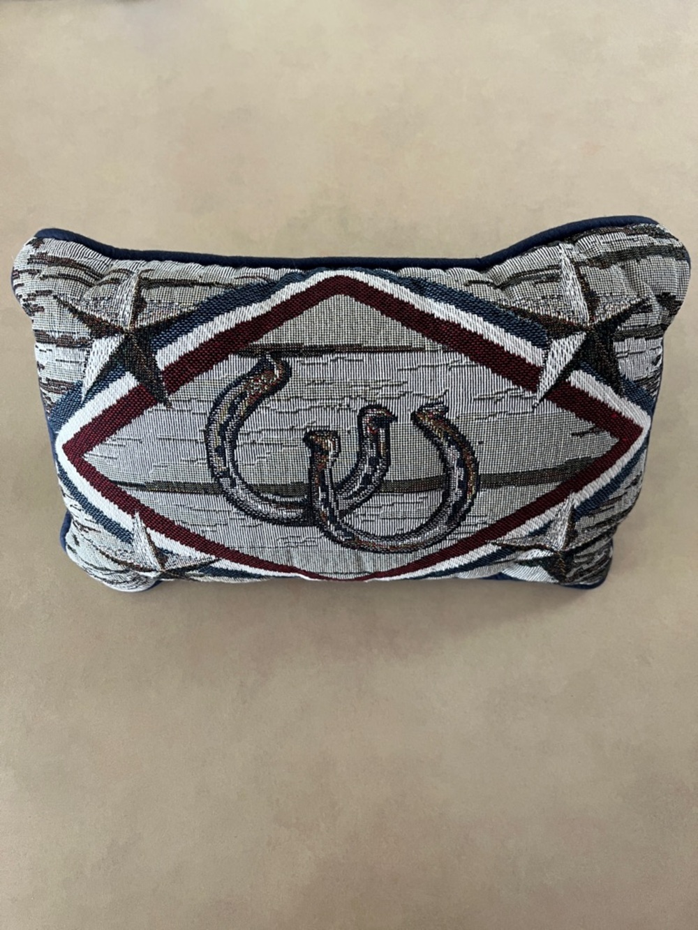 New Decorative Lucky Horseshoe Accent Pillow - Navy, Burgundy & Cream